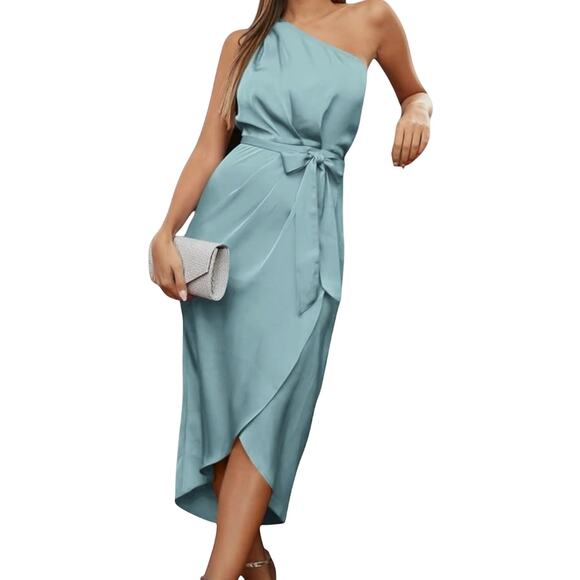 New Ruched Pale Blue Bodycon Dress Sz M One Shoulder Wrap Satin Cocktail Wedding - Picture 12 of 15